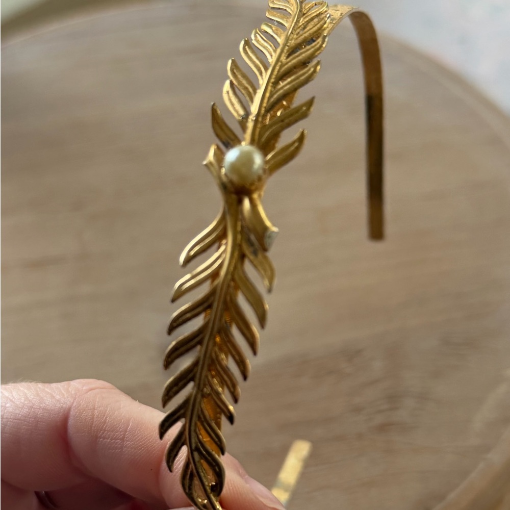 Vintage Gold Leaf Headband w Pearl Grecian Fifties Hair Accessory Jewelry Pretty - Picture 5 of 11